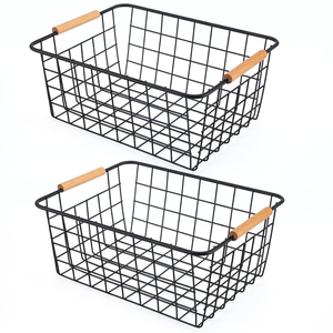 Panier de rangement métallique pour la maison, boîte de rangement pour collations, paniers de rangement multifonctionnels en fil métallique avec poignées en bois - Product Image 1