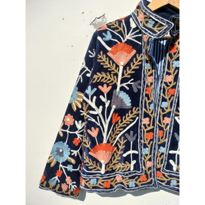 Chaqueta Azul Marino Bordada para Mujer con Patrones Botánicos Florales Multicolores, Chaqueta Étnica Bohemia de Diseñador, Estilo Indio Tradicional - Product Image 2