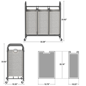Vuilklerenmand Met Drie Tralies Voor Wasgoed Met Zware Rollende Afsluitbare Wielen En Afneembare Tassen Organizerkar - Product Image 3