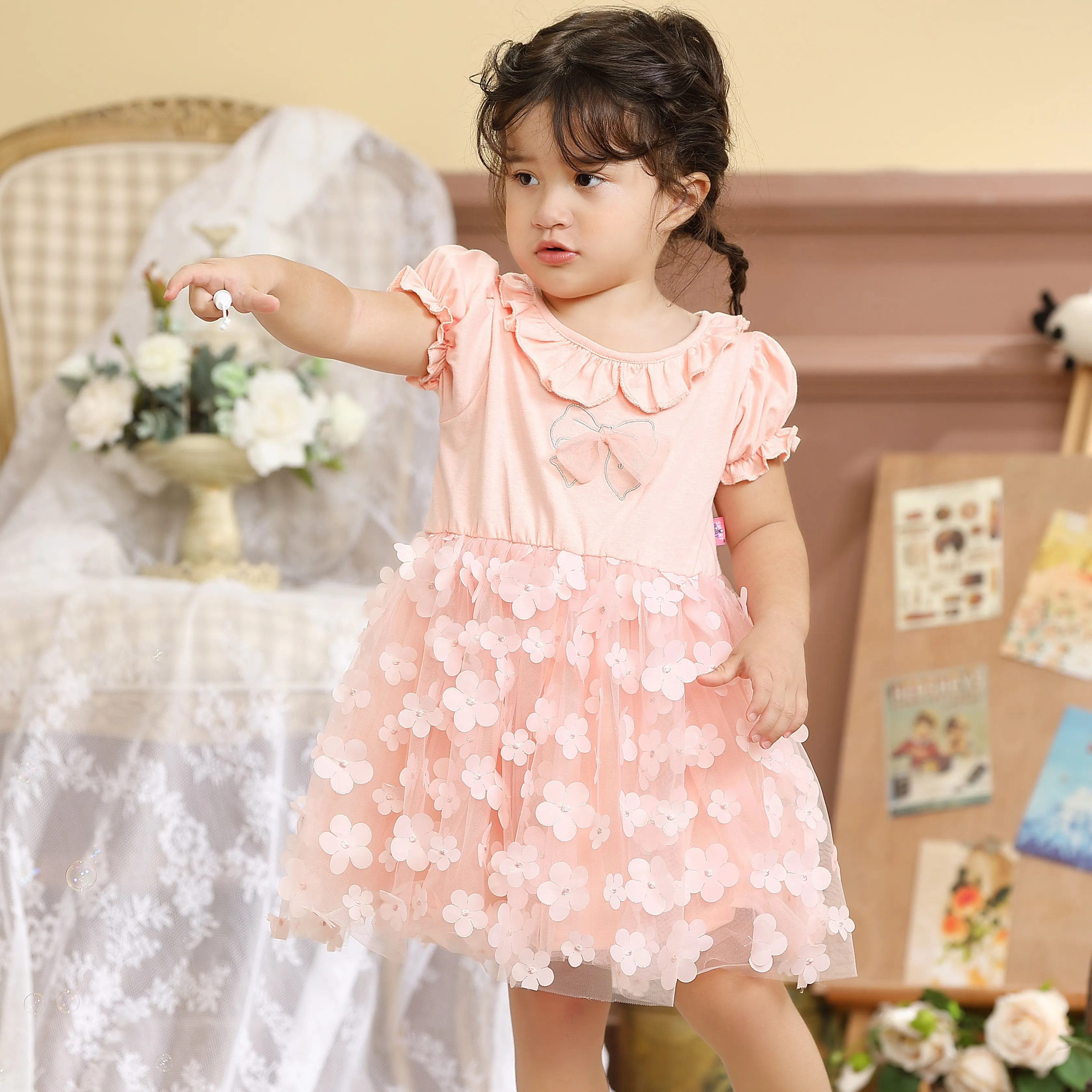 Manufacturer Custom Clothing Children Princess Dress Luxury Toddler Baby Kid Dress Gold Jacquard Beige flower girl dress wedding