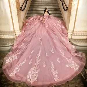 Rose hors épaule grand Train bal à plusieurs niveaux vestidos De <span class=keywords><strong>15</strong></span> formelle princesse fête robes de bal douce 16 robes De Quinceanera - Product Image 3