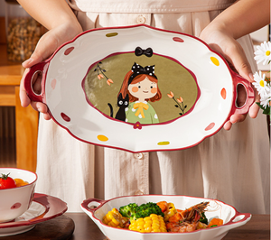 Ensemble créatif de vaisselle en céramique moderne pour couple, motif dessin animé Instagram rétro fille mignonne, compatible micro-ondes, vente en gros - Product Image 4