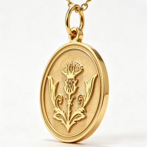 Medalla Circular Chapada en Oro con Diseño de Cardo y Patrón Floral en Relieve, Amuleto de Recuerdo - Product Image 5