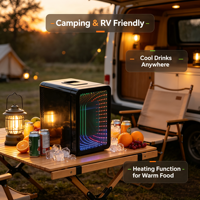 Mini-réfrigérateur de voiture 10L avec bande LED, porte miroir superposée, refroidissement et chauffage, faible consommation d'énergie