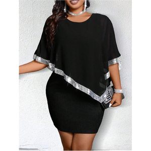Women's <b>Plus</b> <b>Size</b> <b>Sequin</b> Cape Bodycon <b>Dress</b> O Neck Half Sleeve Asymmetric Evening Party Prom <b>Dress</b> Chiffon Sheer Layer - Product Image 5