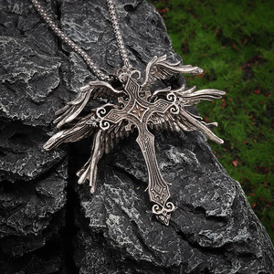 Collar de tendencia de Hip Hop de estilo americano Vintage, colgante de Cruz de alas de Ángel de seis alas de plata en cadena de eslabones hecha de aleación de Zinc - Product Image 6