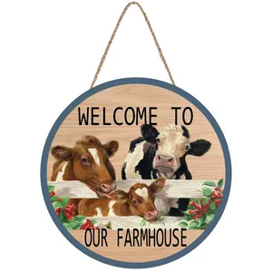 圆形木标志乡村墙壁装饰欢迎来到我们的农舍门衣架牛花环标志家庭农舍花园大门