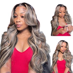 วิกผมแบบติดกาวสำเร็จรูปสำหรับผู้หญิงยุโรปและอเมริกา วิกผมลูกไม้ด้านหน้า สีน้ำตาลผสมสีอื่นๆ แสกกลาง ผมยาวหยิกเป็นลอนใหญ่ - Product Image 5