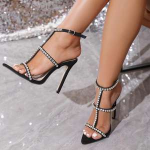 รองเท้าส้นสูงแบบส้นเข็ม ดีไซน์โรมัน ประดับคริสตัลสีดำ สายรัดบาง ปลายแหลม ทันสมัย เซ็กซี่ เหมาะสำหรับงานปาร์ตี้กลางคืน - Product Image 5