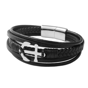 Titanium Steel <b>Leather</b> <b>Bracelet</b> Black Anchor Design Unisex Fashion Cuff Jewelry 1701 - Product Image 5