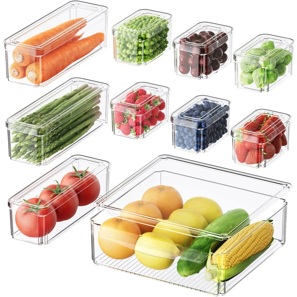 Refrigerator Organizer Bins Stackable with Lids Clear Fridge Organizers and Storage Food