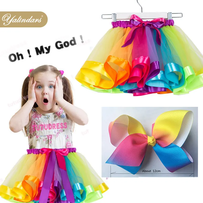 Ready retail dance ballet tulle rainbow tutu skirts for little girls dress up with colorful hair bows