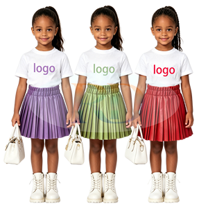 Ensemble de 2 pièces pour filles avec logo personnalisé, t-shirt à manches courtes en coton, <span class=keywords><strong>jupe</strong></span> plissée en <span class=keywords><strong>simili</strong></span> <span class=keywords><strong>cuir</strong></span>, tenue décontractée pour tous les jours et les fêtes, vêtements pour filles - Product Image 1