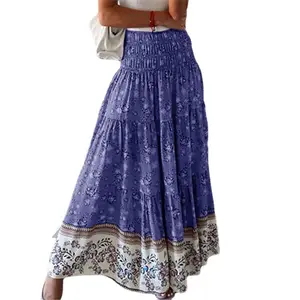 Women's Summer Maxi Skirt High Waisted Long Cotton & Polyester Blend Printed Half Skirt for Casual Style Size XL