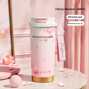 Tasse <span class=keywords><strong>thermos</strong></span> rose sous vide pour femme fleur de cerisier 316 acier inoxydable Double paroi conception montée sur voiture 500ml 6-12 heures paille thermique - Product Image 6