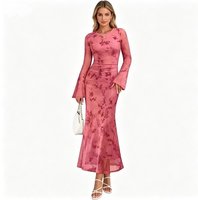 Nouvelle Robe Longue Vintage à Manches Longues et Motifs Floraux pour Femme, Élégante Robe de Soirée Élastique à Col Rond, Coupe Ajustée et Taille Haute