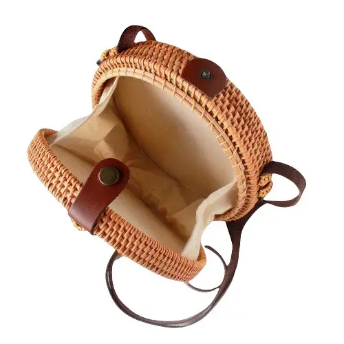 Rattan Handbag - T005 Handmade Rattan Bag with Leather Straps, High Quality Vintage Beach Bag