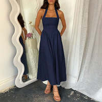Robe maxi d'été pour femmes, robe décontractée à taille haute sans manches, col halter, dos nu, couleur unie