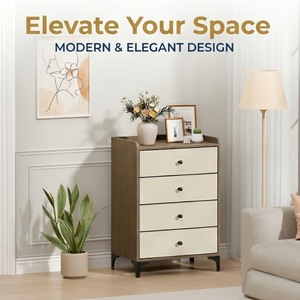 Mesa de Noche con Cubierta de Madera, Estructura de Acero, Contenedores de Tela y Cómoda de 4 Cajones para Armario, Entrada, Dormitorio, Sala de Estar - Product Image 1