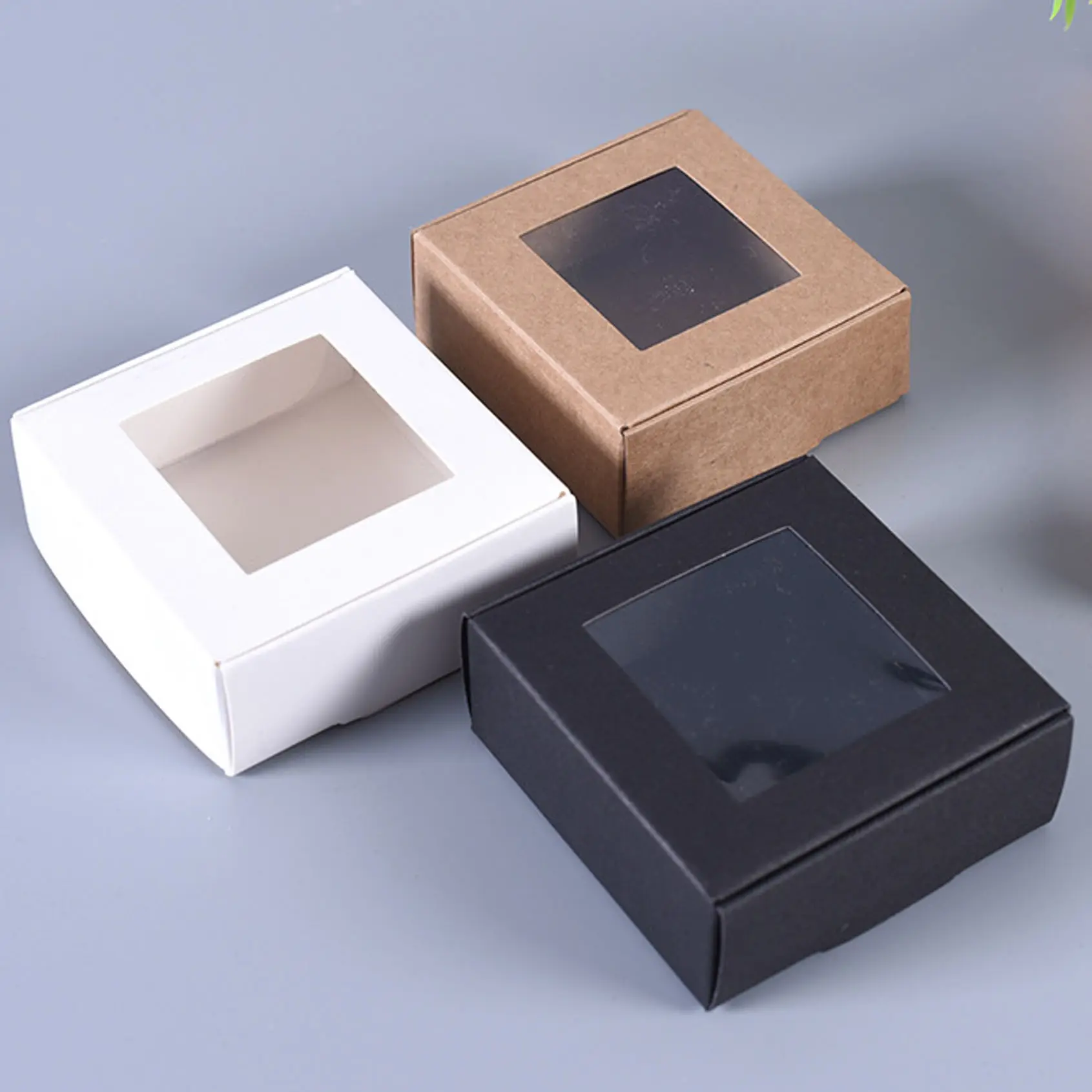 Custom DIY Handmade Brown Black Craft Folding Square Soap Paper Box With Clear PVC Window