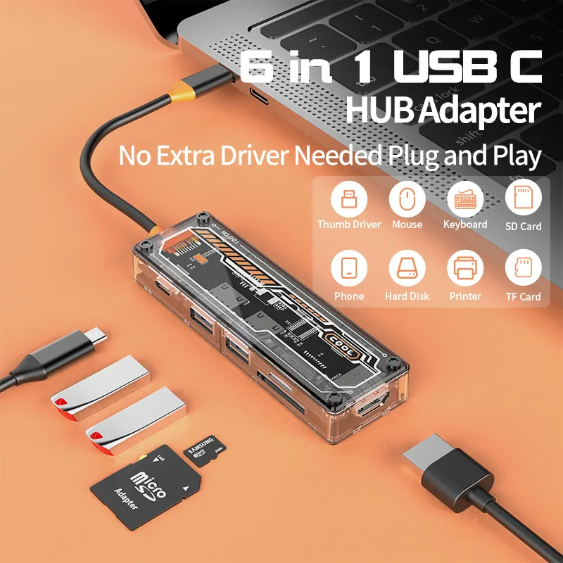 محور منفذ يو إس بي-سي 6 في 1 من النوع-C إلى USB3.0 USB2.0 HD-MI USB-C PD3.0 Data2.0 محور SD TF محطة توصيل لجهاز ماك بوك