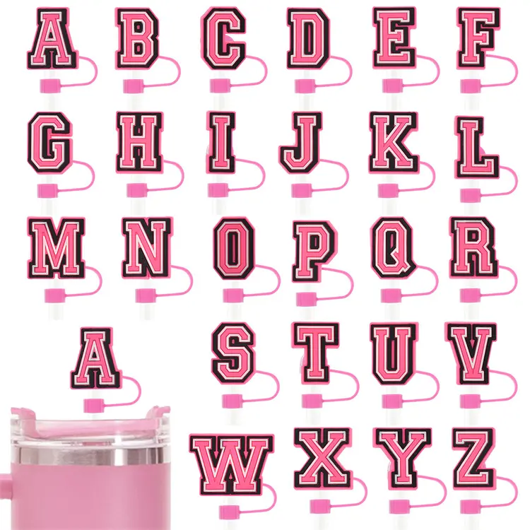 Wholesale Fashion PVC Silicone Pink letters Cartoon Anime Cute Dustproof Straw Cover Cap Charms For Straw