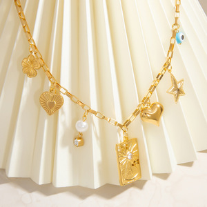 Collar con colgante de estrella y corazón chapado en oro estilo europeo con cadena de clavícula y perla, joyería de moda para mujer. - Product Image 3