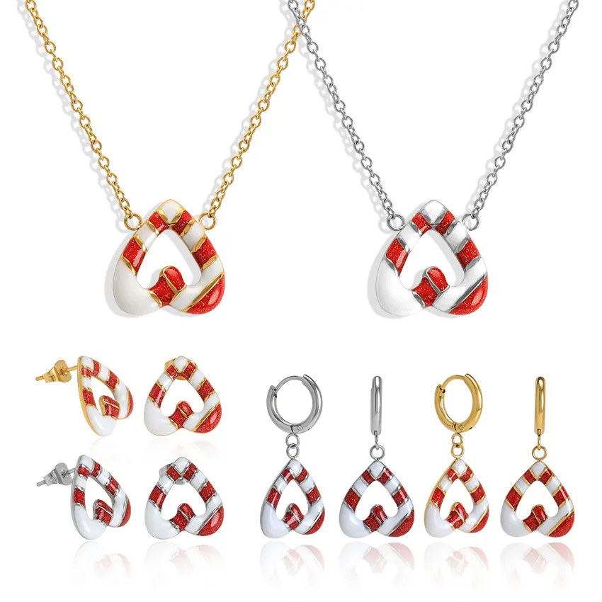 Amazon Hot Selling Fashion Jewelry Sets Stainless Steel Red White Cross Heart Shape Necklace Earring Christmas Jewelry Enamel