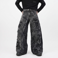 Jean en denim déchiré à imprimé vieilli pour homme, noir et gris délavé, avec panneau horizontal déchiré, boucle à sangle et coupe large, OEM