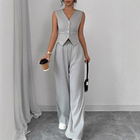 Ensemble pantalon et gilet sans manches boutonné élégant de haute qualité pour femmes, idéal pour l'été