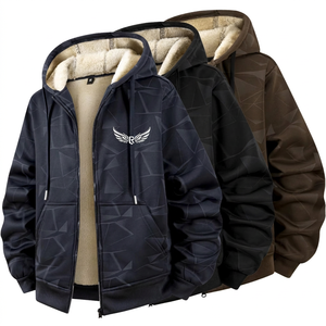 <b>Men's</b> Coated Streetwear Hooded <b>Fleece</b> Bomber <b>Jacket</b> Front Logo Printed <b>Lined</b> Zipper Casual Winter Polyester - Product Image 1