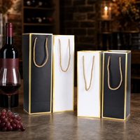 Sacs en papier avec votre propre logo, pour une seule bouteille, avec bordure dorée, poignée en corde, sac cadeau de luxe pour bouteille de vin