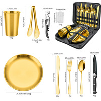 Ensemble de couverts de camping avec étui, kit de vaisselle de camping avec assiettes en acier inoxydable, ensemble de pique-nique pour 4 personnes, ensemble de couverts de voyage pour le camping