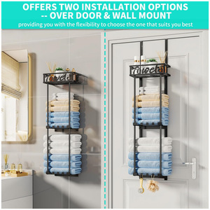 Toallero para colgar sobre la puerta de 3 niveles, negro, organizador multiusos para baño con ganchos y estante - Product Image 2
