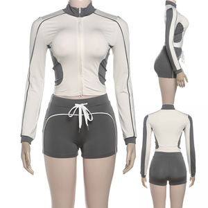 017 nuovi arrivi set a blocchi di colore Sport 2 pezzi completo da donna tute autunnali giacca Zip + pantaloncini con coulisse - Product Image 5