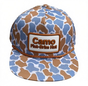 Gorra de béisbol de 5 paneles con parche de cuero, camuflaje, visera plana, lona personalizada, cierre snapback, cuerda, deportiva, para exteriores, elegante, hip hop, rendimiento, moda - Product Image 2