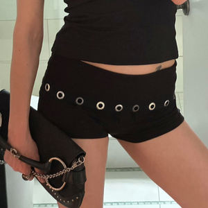 Eyelet Punk Breathable Hot Women's Gothic Canvas Elastic <b>Waist</b> Shorts Distressed Cutoff - Product Image 2