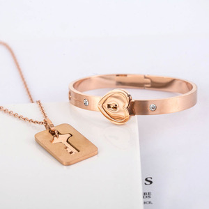 Titanium Steel Lock Heart <b>Bracelet</b> Necklace <b>Set</b> Rose Gold Women's Gift Jewelry - Product Image 1