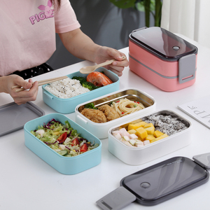 Contenedor de almacenamiento de alimentos de 2 compartimentos, caja Bento portátil de acero inoxidable, PP, fiambrera térmica aislada en capas para niños a prueba de fugas - Product Image 4