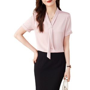 Women's White V-Neck Shirt With Ribbon Solid Color Chiffon Office Blouse Long Sleeve Fashion Top - Product Image 5