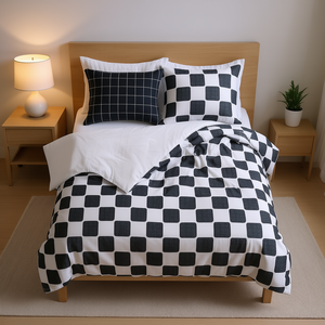 Ensemble de couette à carreaux, taille twin, twin XL, motif géométrique moderne, noir et blanc, literie toutes saisons, textile de maison, 3 pièces, polyester et coton - Product Image 2