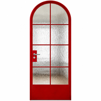 Porte intérieure battante arquée sur mesure en verre alu pastel vibrant, avec verre cannelé pour l'intimité, étanche, style Mid-Century Modern pour hôtel