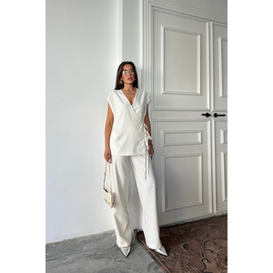 Ensemble chemisier et pantalon en lin brut à sequins, blanc, taille S pour femme - Product Image 2