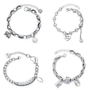 Fashion Double-layer DIY Multi-element 925 sterling silver Pendant ME Link Chain Adjustable Bracelet Heart For Women
