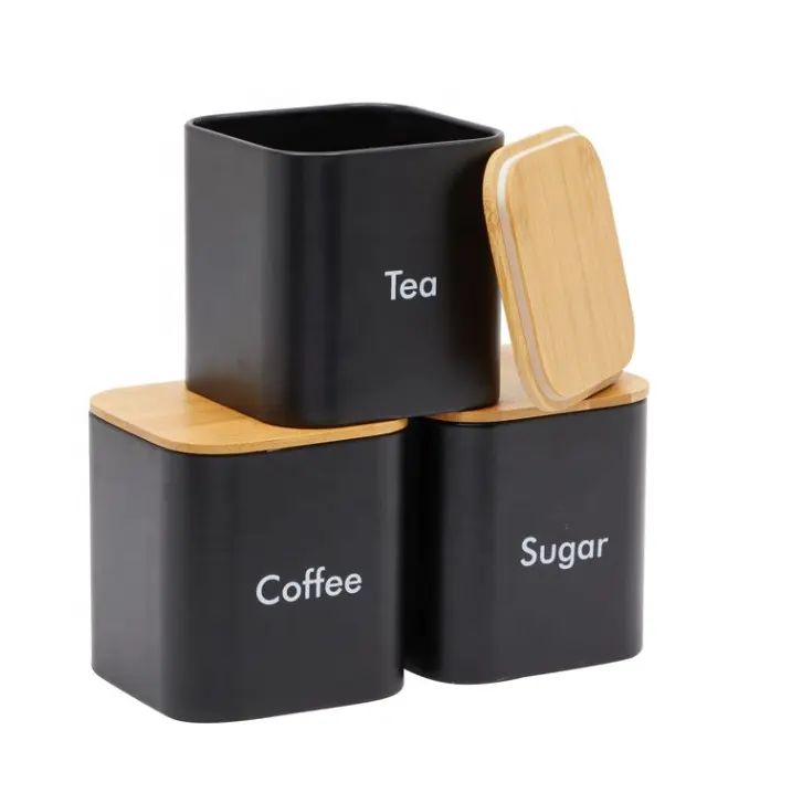 3 Piece Set Gula Teh Kopi Dapur Tabung Set Hitam Logam Penyimpanan Tabung dengan Tutup Bambu