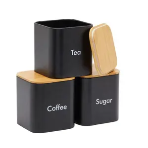 3 Piece Set Sugar Tea Coffee Kitchen Canister Set Black Metal Storage Canisters with Bamboo Lids