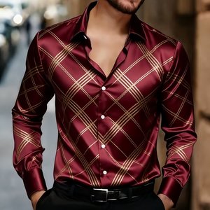<span class=keywords><strong>Chemise</strong></span> <span class=keywords><strong>Homme</strong></span> Décontractée à Manches Longues et Col V, Nouveau Style Brillant 2026, Imprimé Numérique Polyester Bambou, Boutonnage Simple, Revers - Product Image 4