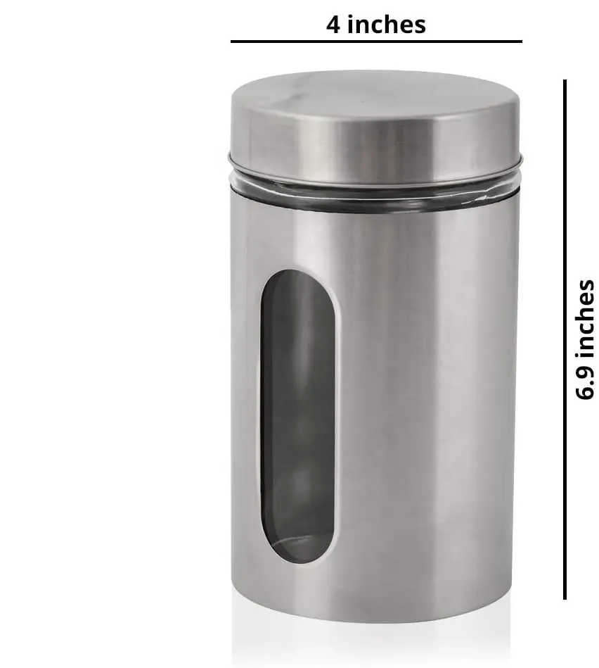 Silver Stainless Steel Canister Set with Glass Windows for Kitchen Canning Cereal