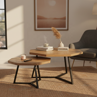 Ensemble de 2 tables basses gigognes en bois de manguier Octagon |   Design industriel artisanal |   Meubles de maison en bois massif noir antique Akku