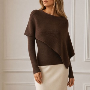 Asymmetrical Woven Chiffon Lace <b>Sweet</b> Style Long Sleeve Fitted Solid Color All Seasons Women's Sweater Top - Product Image 1